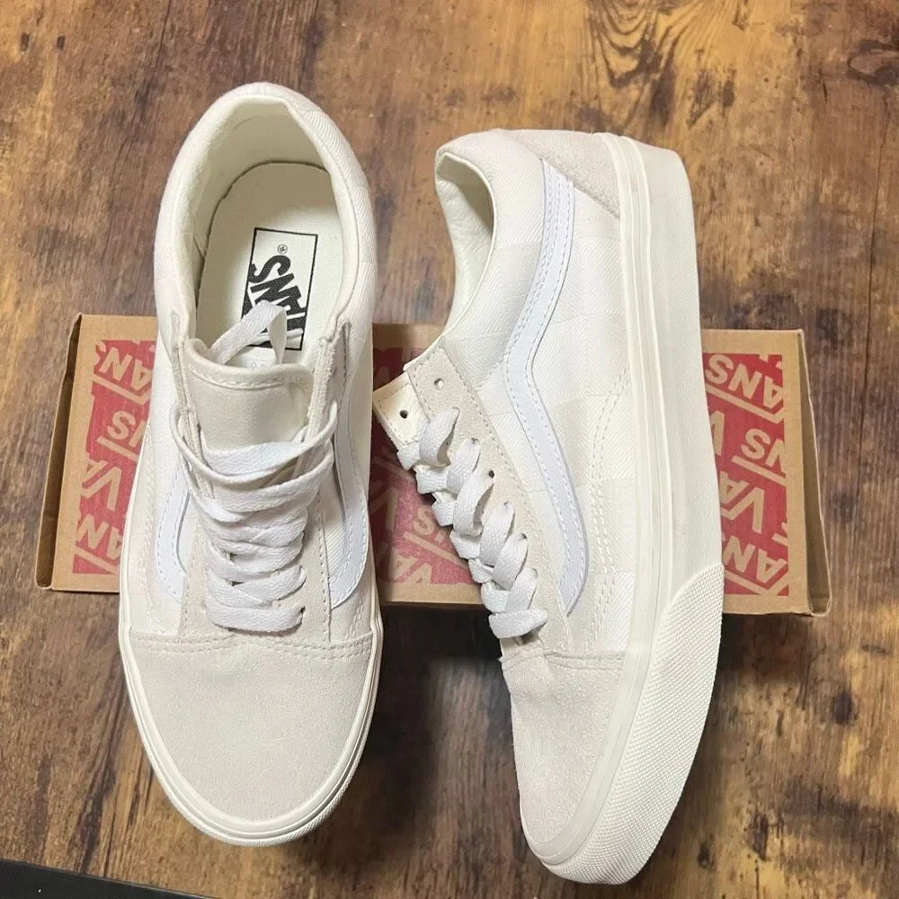 Vans Old Skool White Satin Large Checkered Pattern with Suede 8.5 women’s